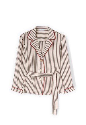 Blusa de rayas con botones, manga larga, cuello y cinturón a juego, fondo crema con finas rayas verticales marrón rojizo y detalles de ribete marrón.