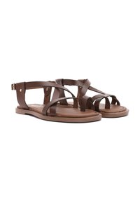 Sandalias de cuero marrón con múltiples correas entrelazadas, correa ajustable en el tobillo, suela plana y plantilla texturizada para mayor comodidad.
