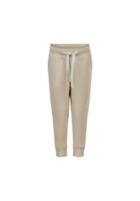 Beige jogger pants made from soft fabric, featuring a ribbed waistband and cuffs, with a drawstring closure and a smooth texture.