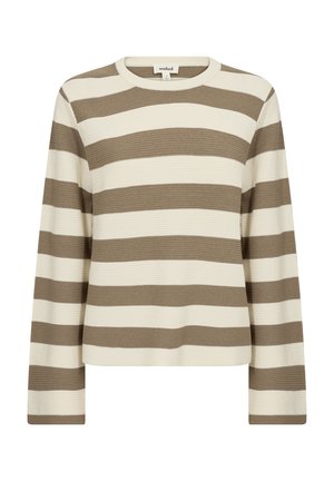 Triibuline pikakä sleeves top koordineeritud kreemi ja taupe tooni, millel on ribatekstuur, ümar kaelus ja lõdva istuvusega. Horisontaalsed triibud erinevad laiuselt.