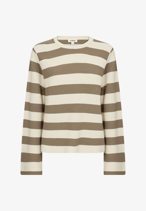 Triibuline pikakä sleeves top koordineeritud kreemi ja taupe tooni, millel on ribatekstuur, ümar kaelus ja lõdva istuvusega. Horisontaalsed triibud erinevad laiuselt.