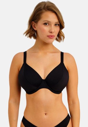 Zwarte beugelbh met gladde stof, verstelbare bandjes en een diep decolleté. Eenvoudig ontwerp zonder zichtbare patronen of accenten.