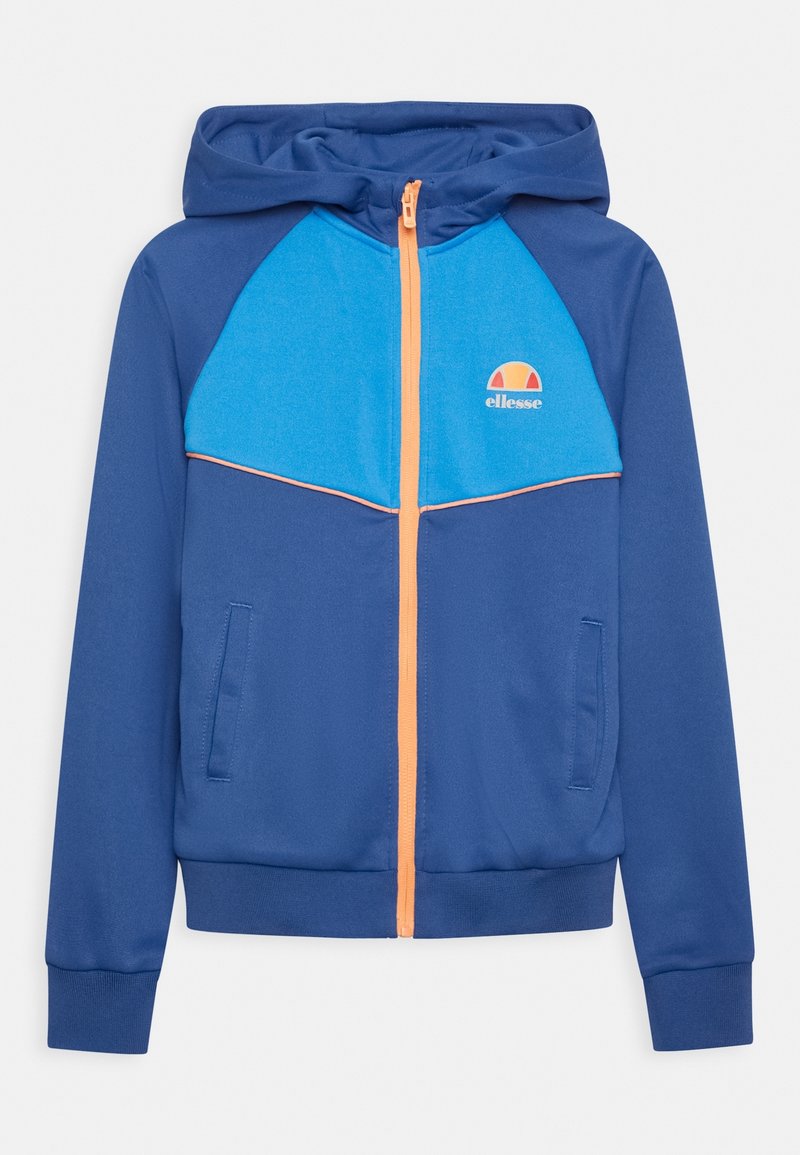 Blauwe ritshoodie met oranje accenten, voorzien van een blauw paneelontwerp, zijzakken en een geborduurd logo op de borst. Soepele stofstructuur.
