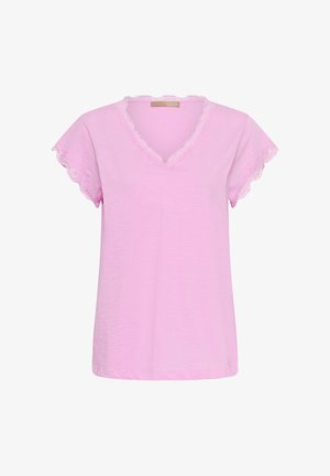 Light pink short-sleeve blouse with scalloped lace trim on V-neckline and sleeve edges, plain fabric, relaxed fit.