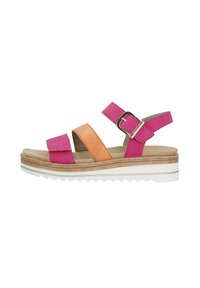 Sandali colorati con fasce rosa, arancione e testurizzate, con una soletta beige imbottita e una suola bianca zigrinata. Inclusa una fibbia decorativa.