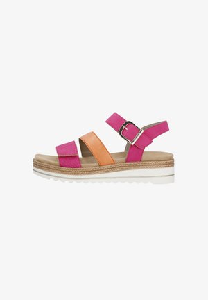 Sandalias coloridas con tiras en rosa, naranja y texturizadas, con una plantilla acolchada en beige y una suela blanca estriada. Incluye un detalle de hebilla.
