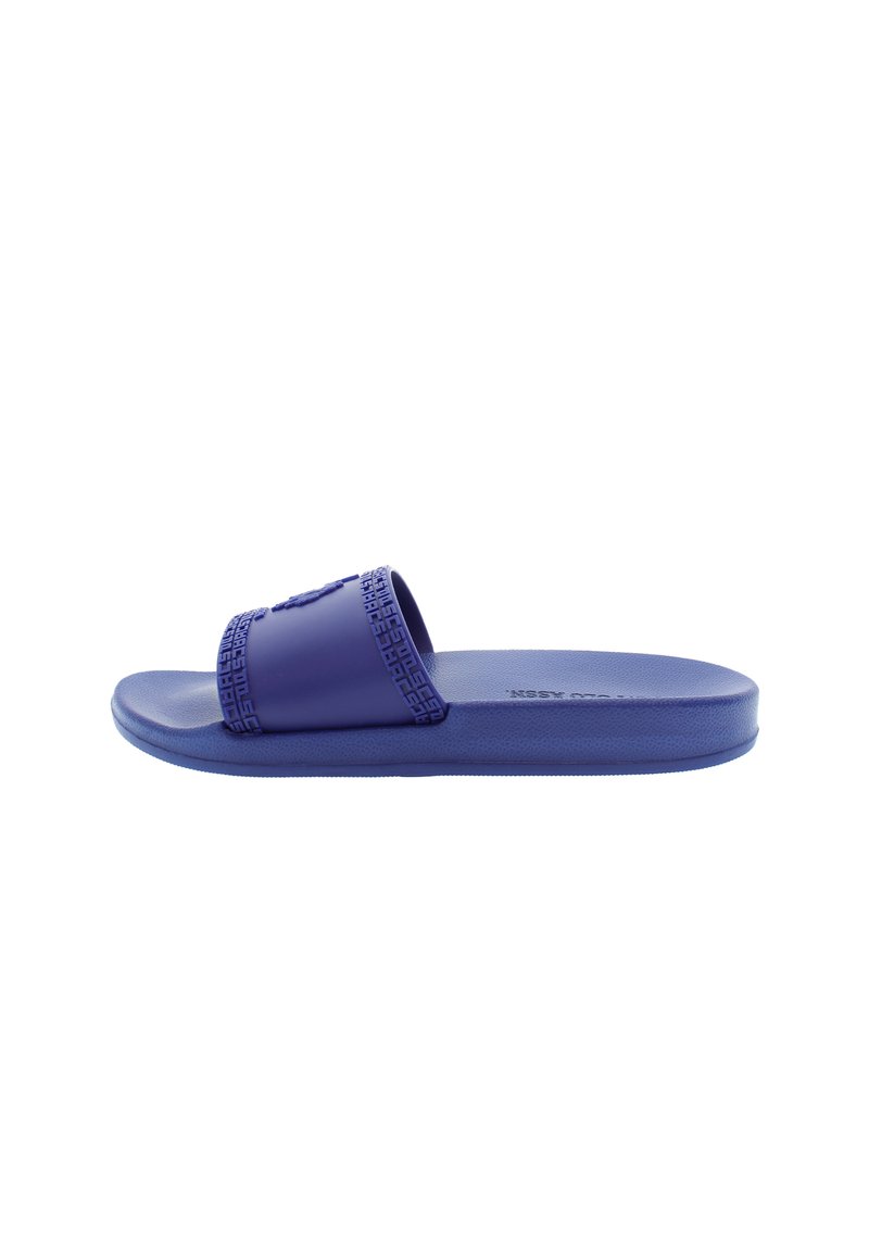 Purple slide sandal made of rubber with a textured strap, flat sole, and logo detail on the strap. Smooth, durable surface throughout.