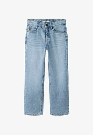 Helleblaue Jeans aus Denim mit geradem Bein, mit einem Knopf- und Reißverschluss, dezentem Verblassen und zwei vorderen Taschen.