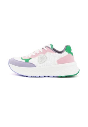 Sneaker multicolore con una tomaia in rete bianca e dettagli in rosa, verde e viola. Suola spessa e testurizzata con battistrada a motivo.