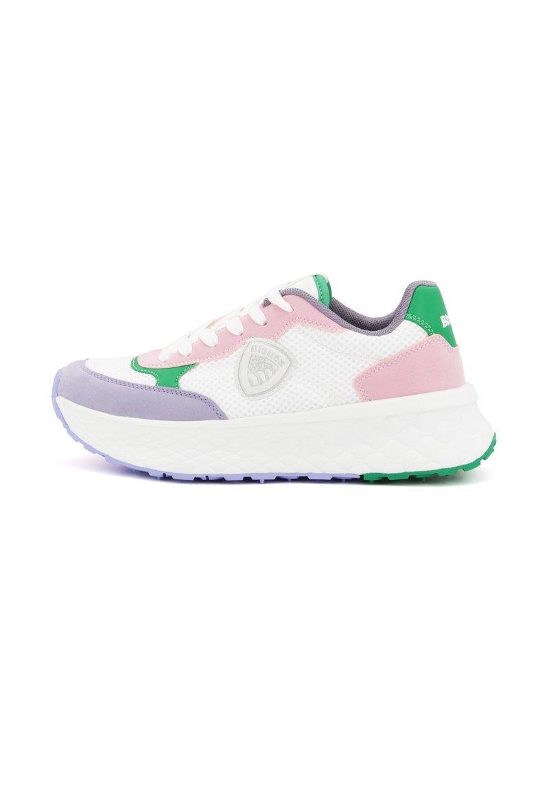 Sneaker multicolore con una tomaia in rete bianca e dettagli in rosa, verde e viola. Suola spessa e testurizzata con battistrada a motivo.