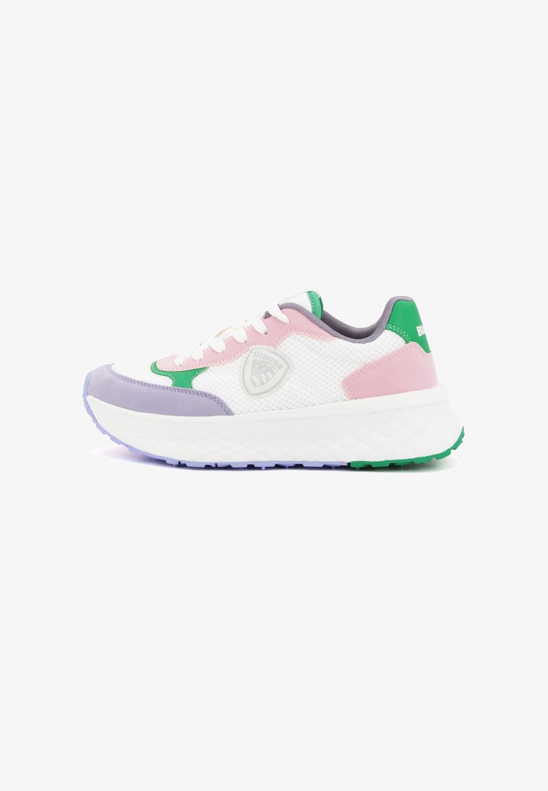Sneaker multicolore con una tomaia in rete bianca e dettagli in rosa, verde e viola. Suola spessa e testurizzata con battistrada a motivo.