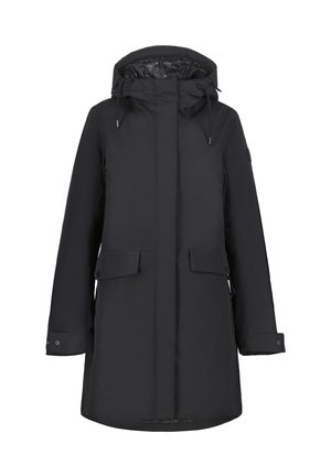 Manteau d'hiver long noir avec capuche, poches à rabat à l'avant, poignets boutonnés et fermeture éclair à l'avant.