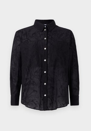 Black button-up shirt made of lightweight fabric with a subtle floral texture, featuring a collar and front button closure.