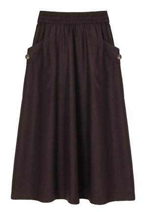 Sötétbarna midi szoknya rugalmas derékpánttal, két nagy első zsebbel, amelyek mindegyikét gombbal zárható fedél biztosítja.
