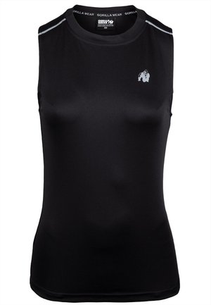 Zwarte mouwloze sporttop gemaakt van gladde, rekbare stof. Beschikt over een subtiele logo op de borst en reflecterende accenten op de schouders.