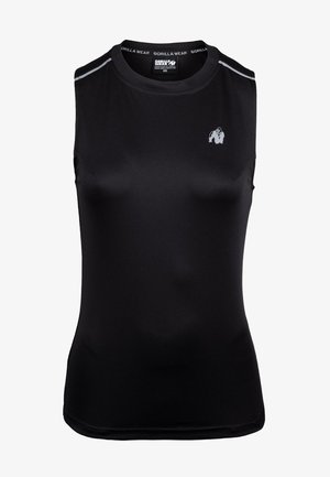 Black sleeveless athletic top made of smooth, stretchy fabric. Features a subtle logo on the chest and reflective accents on the shoulders.
