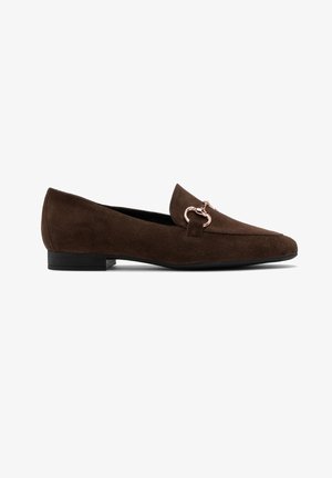 Brown suede loafers with a flat sole, pointed toe, and a decorative metal link accent on the upper. Smooth texture and simple design.