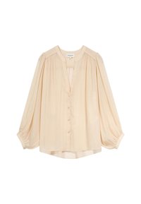Lichtbeige blouse met knopen en een V-hals, losse pasvorm, geplooide lange mouwen en een licht afgeronde zoom. Gemaakt van een zachte, gestructureerde stof.