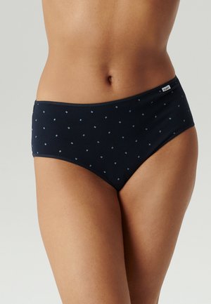 Granatowe bikini o niskim stanie, uszyte z miękkiego materiału, z kropkowanym wzorem w jaśniejszych odcieniach. Metka z logo na pasku.