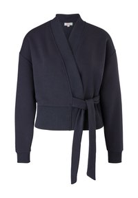 Pull cache-cœur bleu marine foncé avec poignets et ourlet côtelés, manches longues, et ceinture à nouer à la taille.