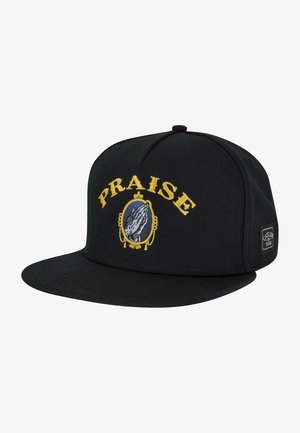 Fekete snapback sapka sárga hímzett "PRAISE" felirattal és egy díszes keretben elhelyezett összekulcsolt kezek grafikájával. Texturált anyag.