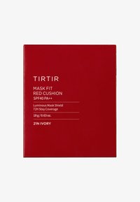 TIRTIR Mask Fit Rød Cushion i rød emballasje. Tekst inkluderer SPF40 PA++, 72 timers dekning, 18g, 21N Ivory. Myk matt finish, fet hvit skrift.