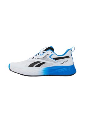 Zapatilla de correr Reebok blanca y azul con detalles en negro, suela acolchada, cierre de cordones y lengüeta en el talón, mostrada de perfil.