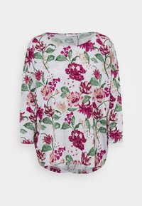 Langärmliges Oberteil mit floralem Muster in Hellgrau, das bordeauxrote und grüne Blumen zeigt, mit rundem Ausschnitt und abgerundetem Saum.