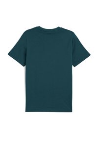 Camiseta de algodón color verde azulado oscuro con mangas cortas, cuello redondo y textura suave. Vista trasera sin detalles ni elementos de diseño adicionales.