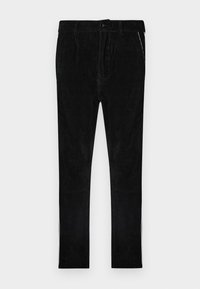 Pantalon en velours côtelé noir avec des côtes verticales, doté d'une fermeture classique à bouton et fermeture éclair, de poches latérales et de jambes à coupe droite.