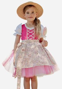 Pink dress with white puff sleeves, floral patterned skirt, lace-up front, and a straw hat. Holding a swirl lollipop.