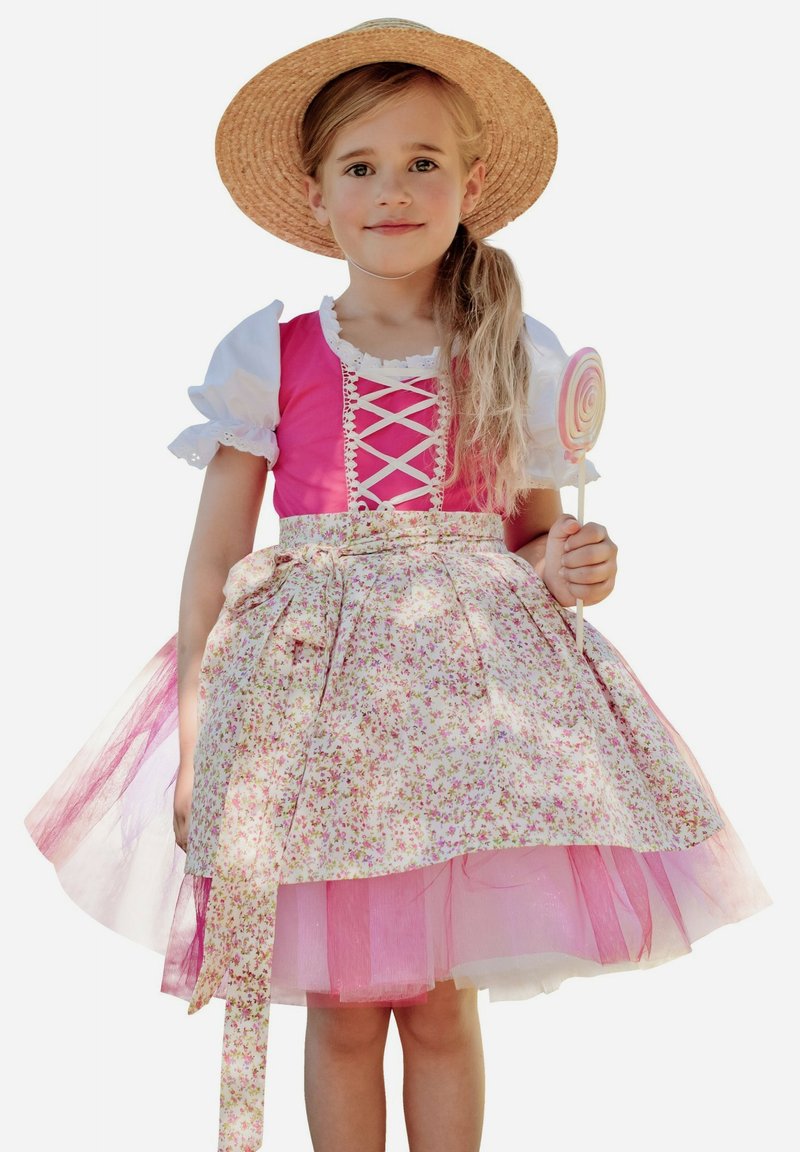 Pink dress with white puff sleeves, floral patterned skirt, lace-up front, and a straw hat. Holding a swirl lollipop.