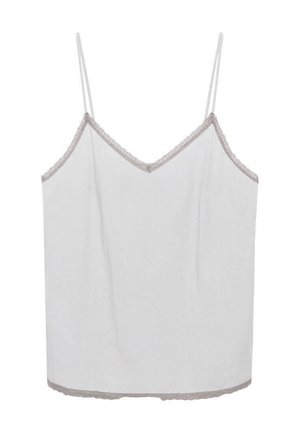White camisole with thin straps and a v-neckline. Features a delicate gray lace trim along the neckline and hem. Lightweight fabric.