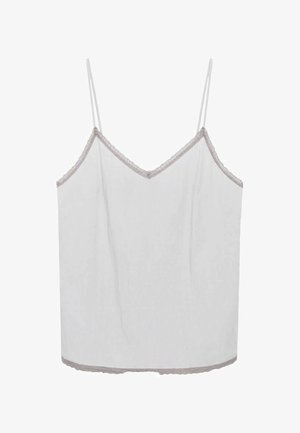 Witte camisole met dunne bandjes en een V-hals. Heeft een delicate grijze kantafwerking langs de halslijn en zoom. Lichtgewicht stof.