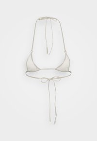 Metalni srebrni bikini top s trokutastim oblikom, tankim vezicama i sjajnom teksturom. Ima prilagodljivu opremu za osobnu prilagodbu.