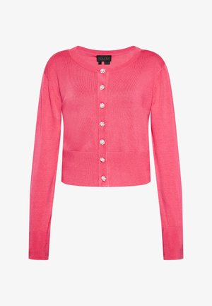 Cardigan lungo rosa a maniche lunghe con scollo rotondo, dotato di sei bottoni decorativi sulla parte anteriore. Texture a maglia liscia e design corto.