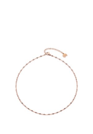 Collar delicado con cadena retorcida de oro rosa con cierre de langosta y pequeño charm redondo ajustable sobre fondo blanco.