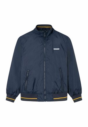 Marineblaue, leichte Jacke mit hohem Kragen, Reißverschluss vorne, elastischen Bündchen und zwei seitlichen Taschen. Mit gelben Streifenakzenten.