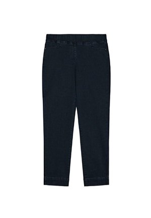 Donkerblauwe rechte broek met elastische tailleband en zijzakken, plat gepresenteerd op een witte achtergrond.