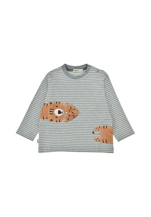 Langarmshirt in grau und weißen Streifen mit orangefarbenen und braunen Tiger-Applikationen auf der Vorderseite, mit Rundhalsausschnitt und Druckknopfverschluss.