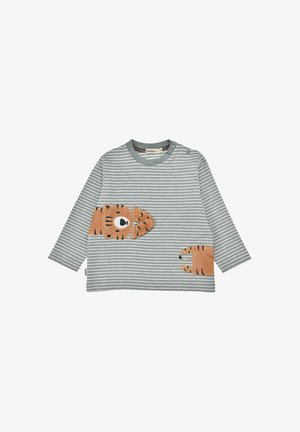 Langarmshirt in grau und weißen Streifen mit orangefarbenen und braunen Tiger-Applikationen auf der Vorderseite, mit Rundhalsausschnitt und Druckknopfverschluss.