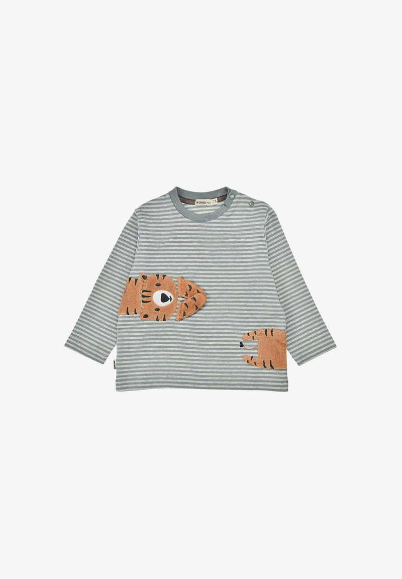 Langarmshirt in grau und weißen Streifen mit orangefarbenen und braunen Tiger-Applikationen auf der Vorderseite, mit Rundhalsausschnitt und Druckknopfverschluss.