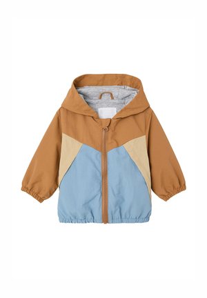 Kinder-Kapuzenjacke mit Reißverschluss vorne, mit Farbblöcken in Braun, Beige und Blau sowie elastischen Bündchen und Saum.