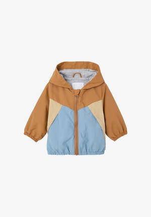 Kinder-Kapuzenjacke mit Reißverschluss vorne, mit Farbblöcken in Braun, Beige und Blau sowie elastischen Bündchen und Saum.