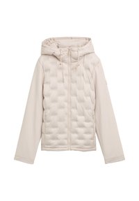 Veste matelassée beige clair avec capuche. Dotée d'une fermeture éclair frontale, d'une texture matelassée et de cordons de serrage. Manches longues avec une finition lisse.