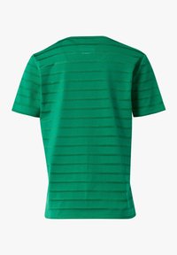 Green short-sleeve t-shirt featuring horizontal stripes in a slightly darker shade, classic crew neck design, and soft cotton material.
