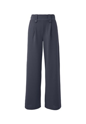 Weite Hosen aus dunkelblauem Stoff, mit zwei vorderen Knöpfen und Falten an der Taille für ein strukturiertes Design. Glatte Textur.