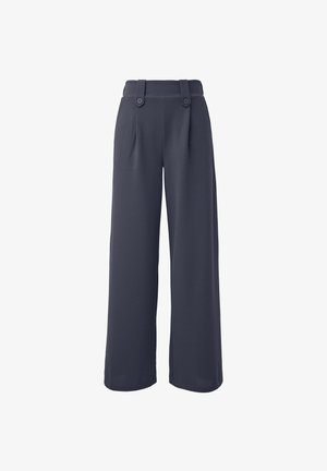 Voľné nohavice z tmavomodrej tkaniny, s dvoma prednými gombíkmi a plisovaním v páse pre štruktúrovaný dizajn. Hladká textúra.