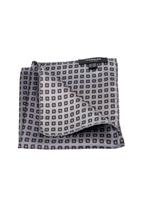 Siidist taskurätt, millel on geomeetriline mustri väikeste pruunide ja siniste neljadega hallil taustal, volditud äärega, et näidata seda korralikult.