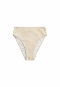 Wysokie bikini w beżowym, teksturowanym materiale z białą podszewką. Posiada gładki pas i wycięcia po bokach w kształcie łuku.